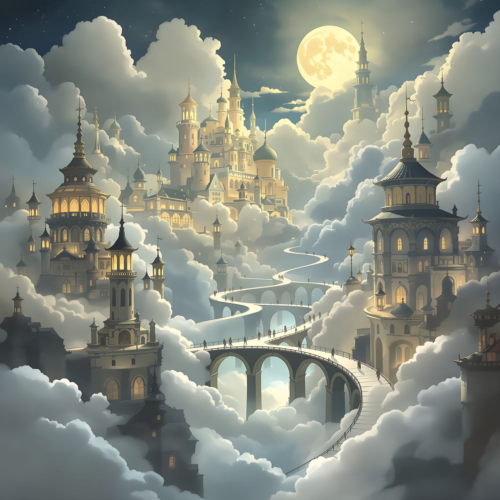 Dreamlike Cloud City Connected by Moonlight Bridges