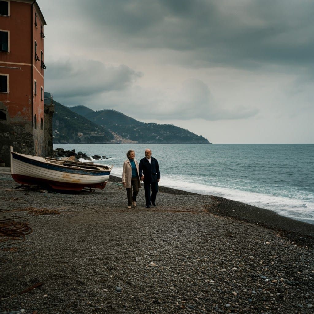 Italian Couple Stroll on Ligurian Beach in Neorealist Style