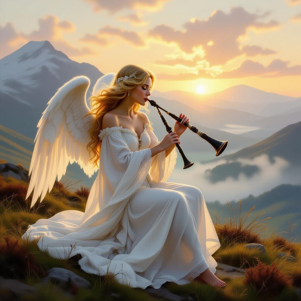 Angel Playing Bagpipes in Scottish Highlands