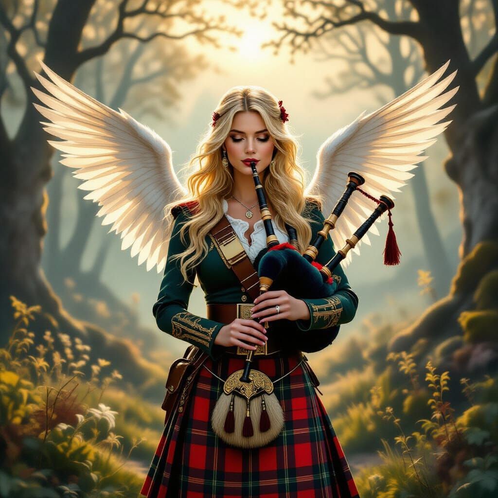 Scottish Angelic Bagpiper in Misty Glade