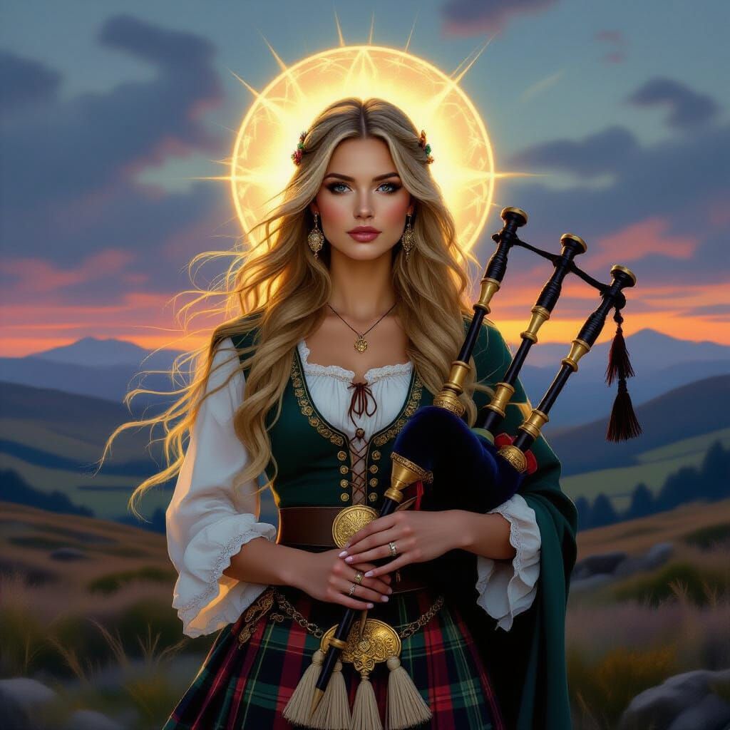 Scottish Angel Woman with Bagpipes in Ethereal Landscape