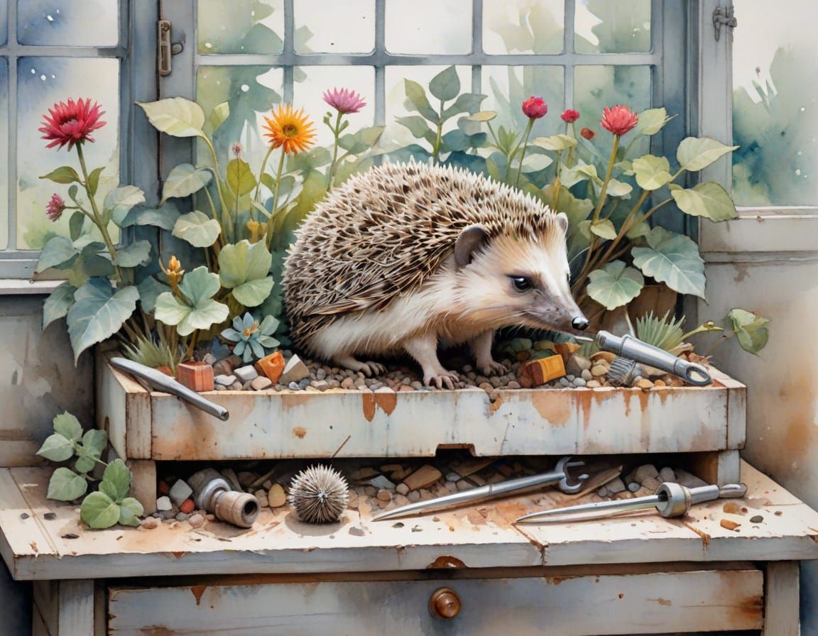 Hedgehog in Greenhouse Drawer, Watercolour Painting