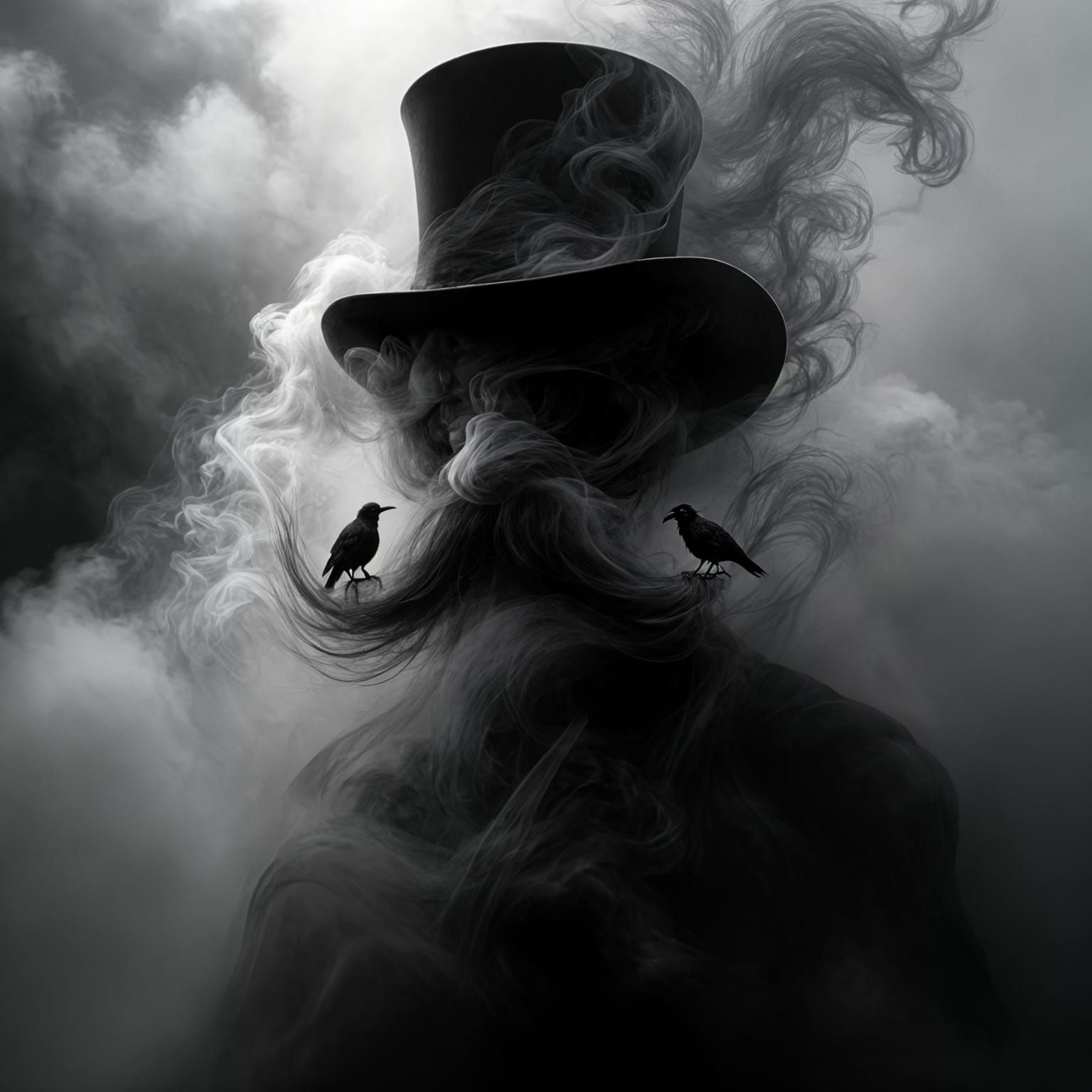 Ethereal Smoke Figure with Ravens in Gothic Scene
