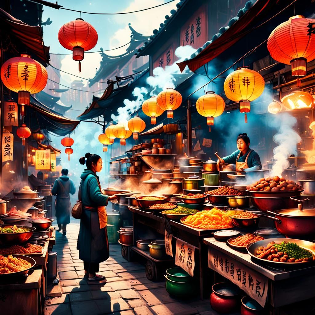 Mystical Chinese Street Food Vendor, Art Nouveau Style