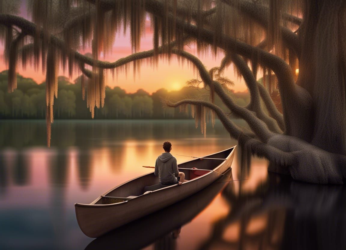 Bayou Sunset Canoe Scene with Spanish Moss