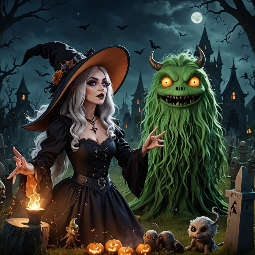 Whimsical Graveyard Scene with Sorceress and Monsters