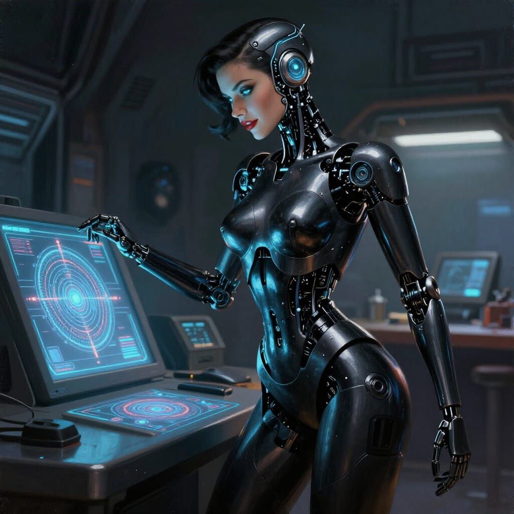 A sleek, obsidian robot with glowing cybernetic eyes meticulously calibrates a complex holographic console for dooms day...