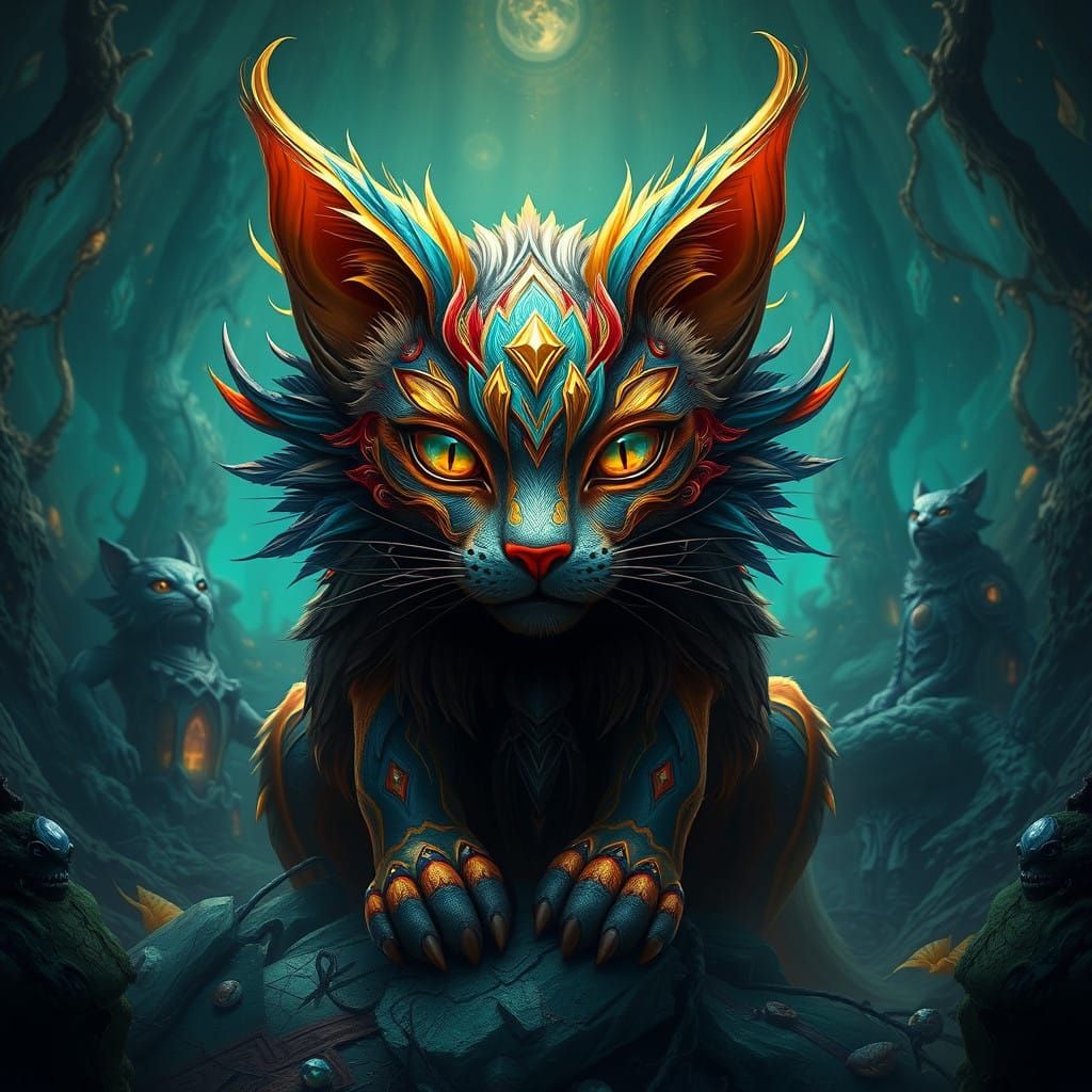 Ethereal Feline Goddess in a Realm of Emerald and Sapphire