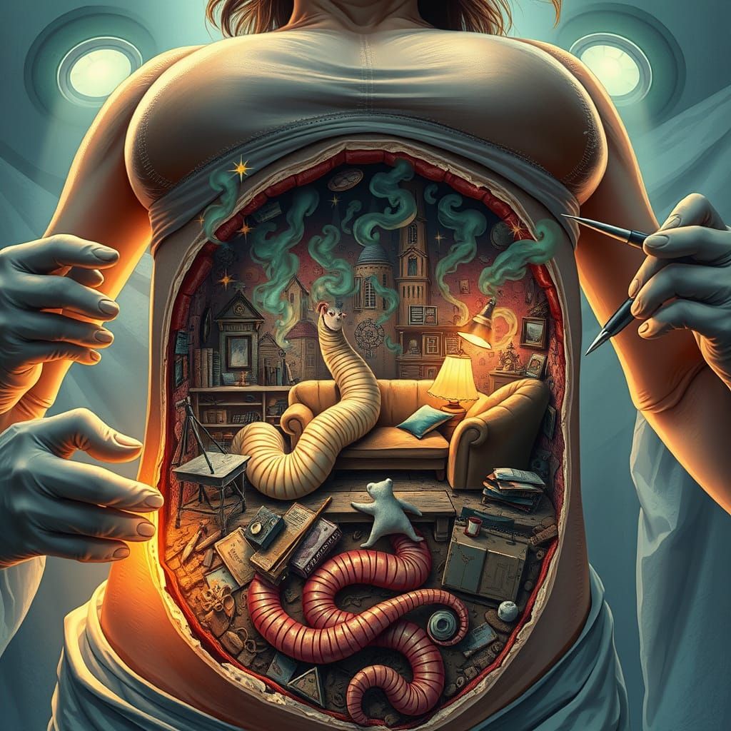 Whimsical Worm Friend in Woman's Belly, Fantasy Art