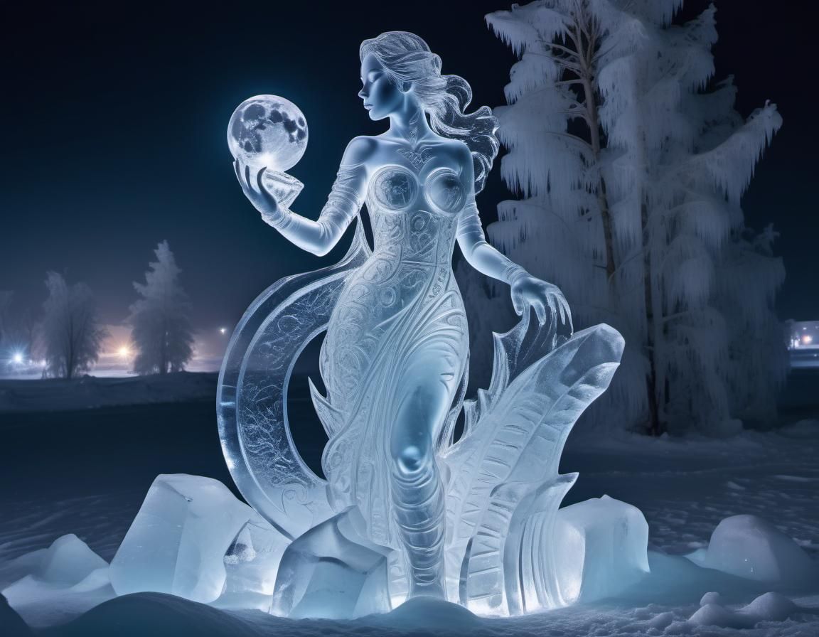 Ethereal Ice Woman Sculpture Under Moonlight