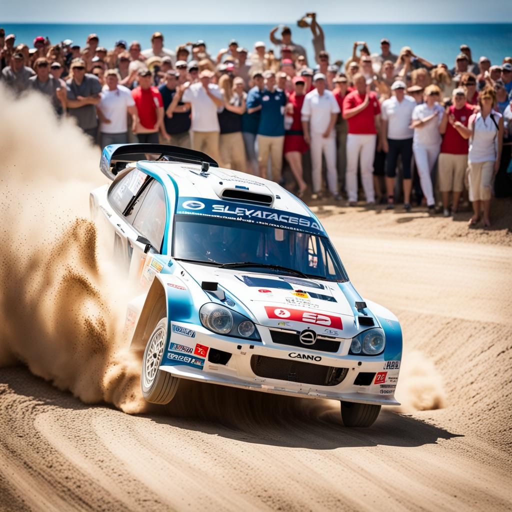 Rally Car Drifting on Coastal Bend: Spectator View