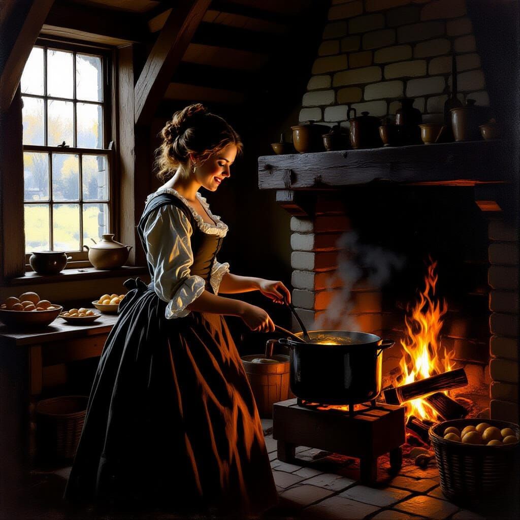 Colonial Woman Cooking in Tavern, Oil Painting