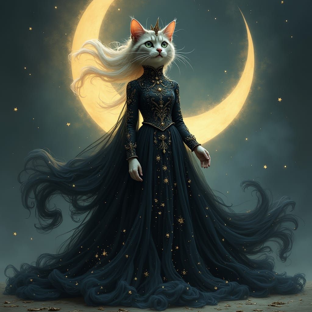 Regal Cat as Lunar Goddess in Ethereal Moonlight