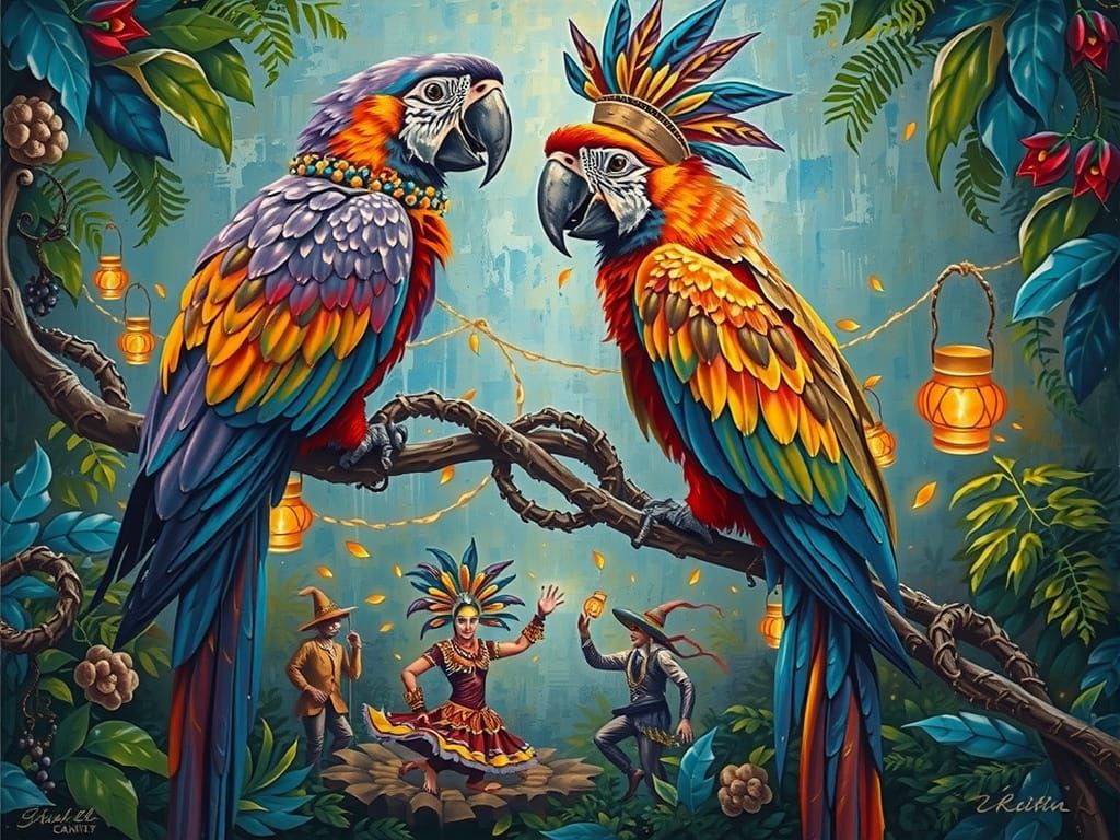 Glowing Jungle Masquerade with Parrots and Dancers