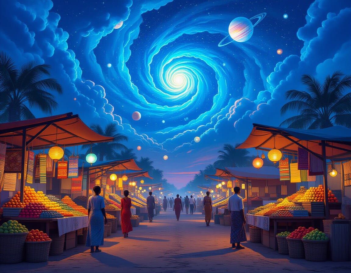 Twilight African Market with Cosmic Sky and Floating Lantern...