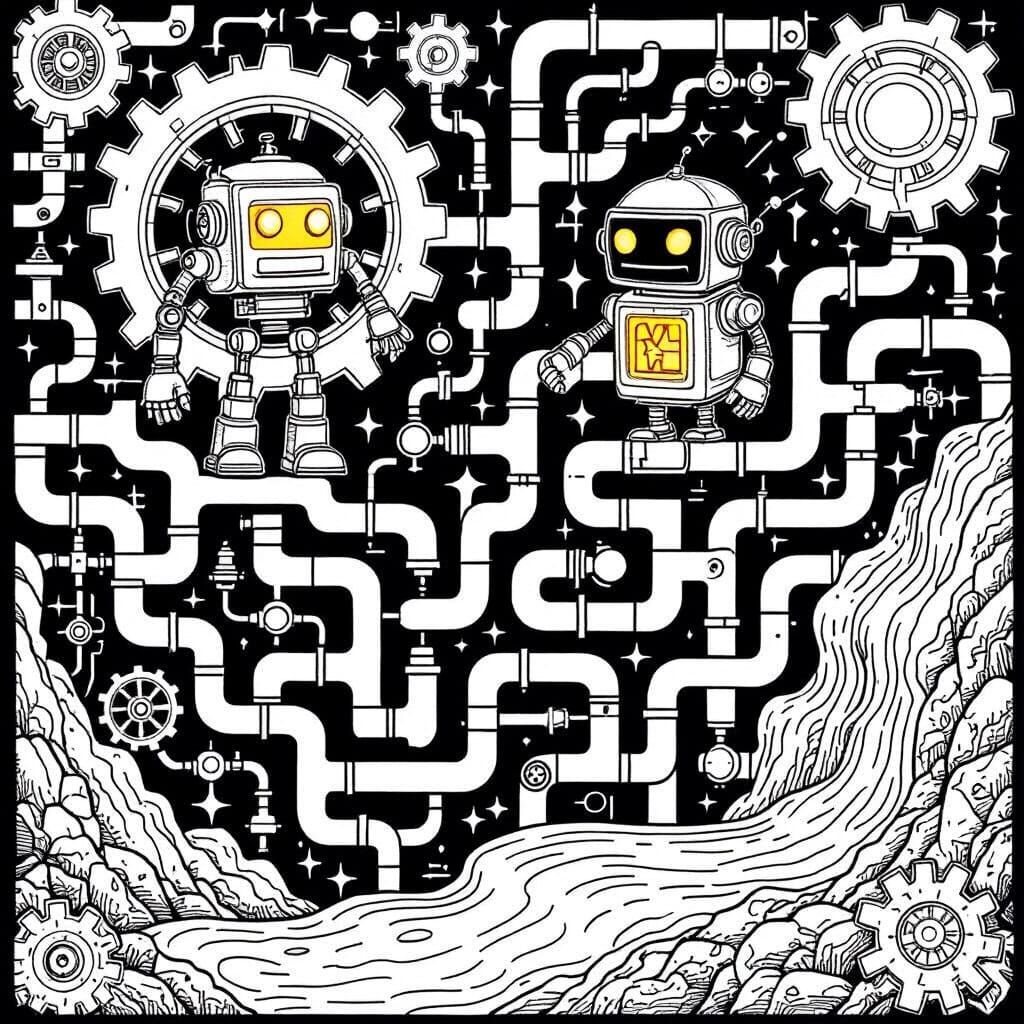 Detailed Robot Maze Coloring Page in Line Art Style