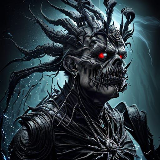 Sinister Dark God of Hyperrealism with Glowing Red Eyes