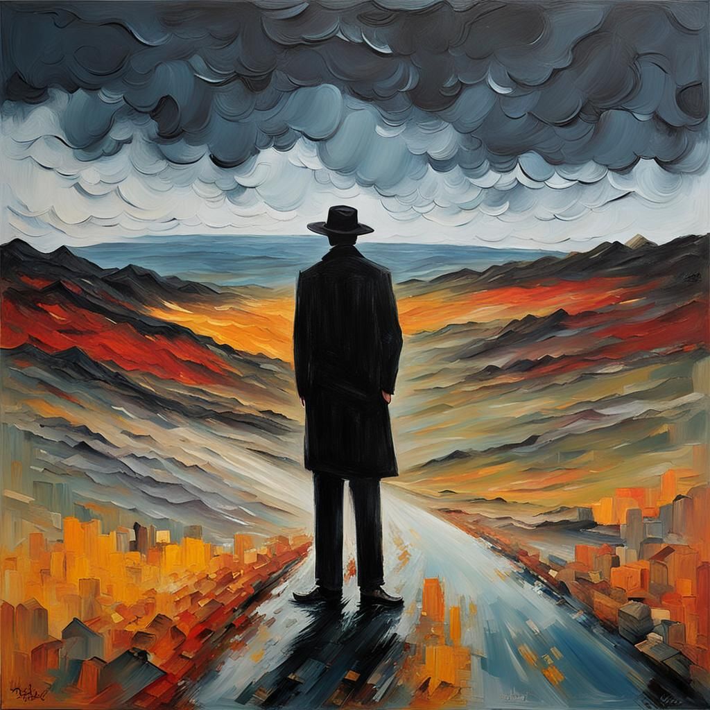 Mournful Silhouette in Desolate Landscape as Impasto Paintin...