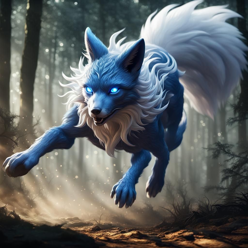 Magical Nine-Tailed Fox in Dark Fantasy Forest