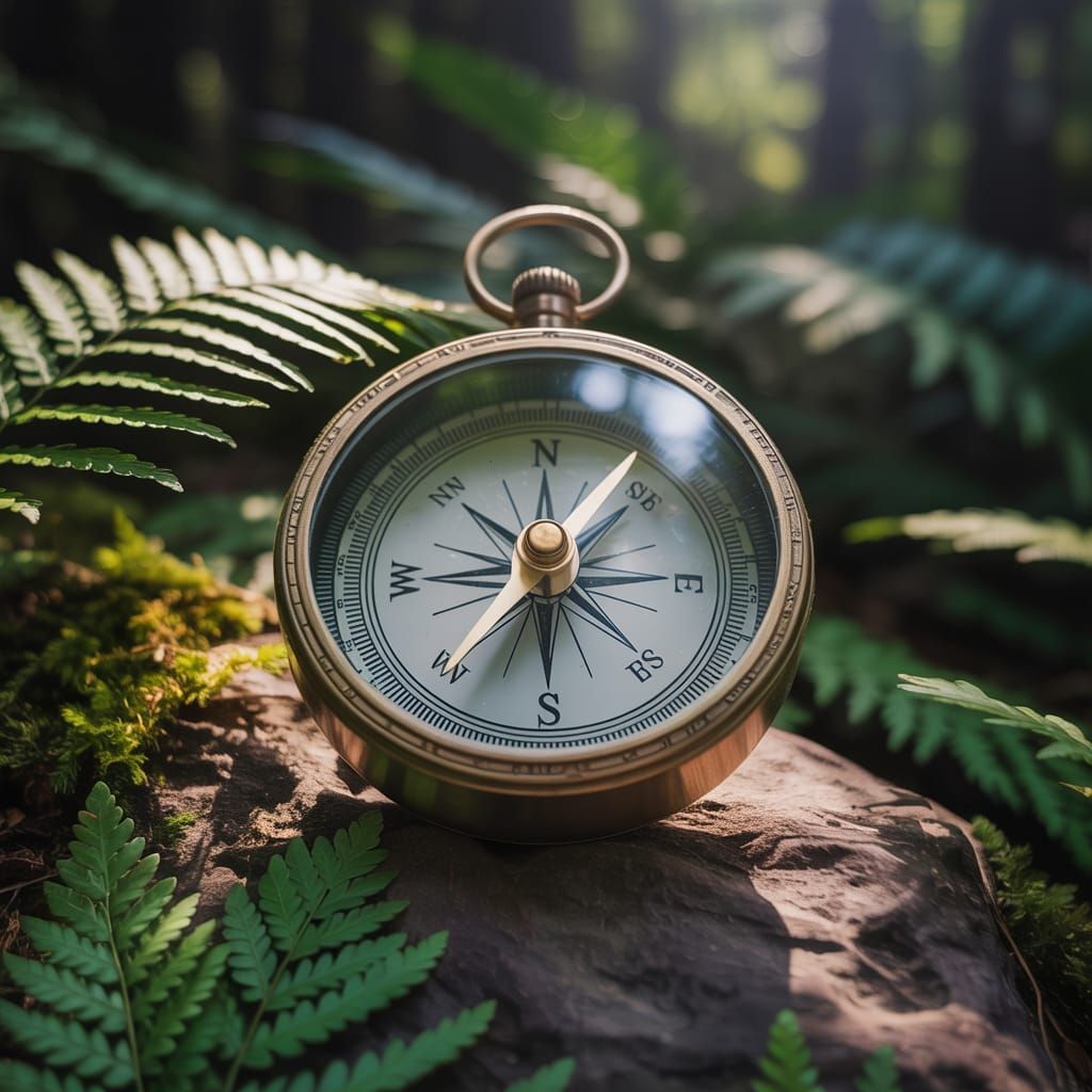 Antique Brass Compass Points North in Forest
