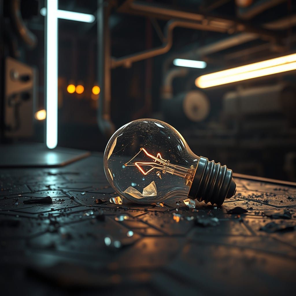 Shattered Light Bulb in a Gritty Industrial Scene