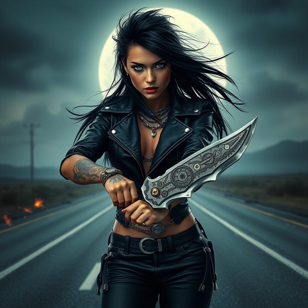 Steampunk Warrior Goddess on a Moonlit Highway