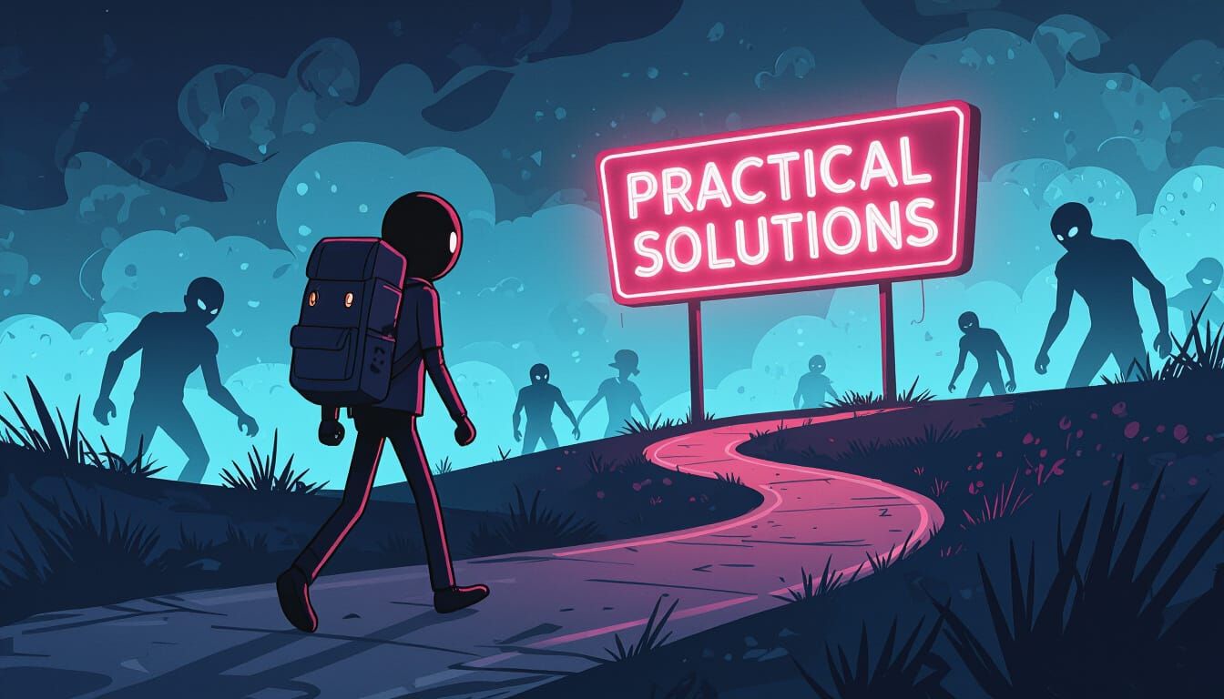 Stickman Walks Towards 'Practical Solutions' Sign, Overcomin...