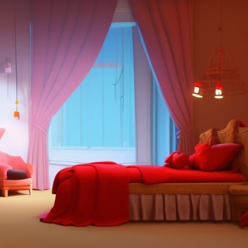 Red Hen in Cozy Bed: 3D Digital Art