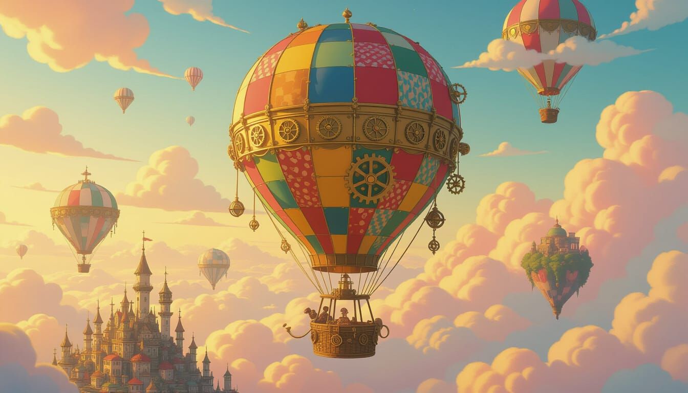 Whimsical Patchwork Hot Air Balloon Over Steampunk City