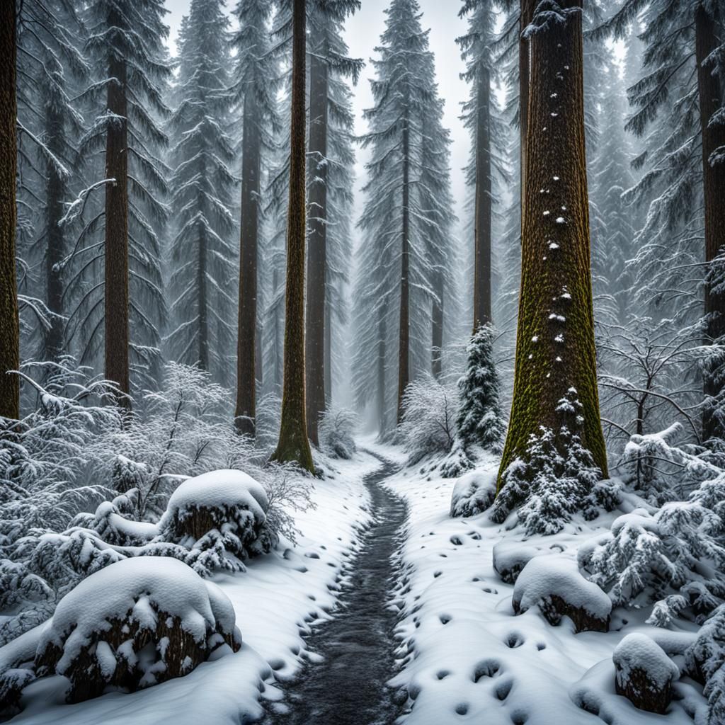 Snowy Oregon Forest in Hyperrealistic Style