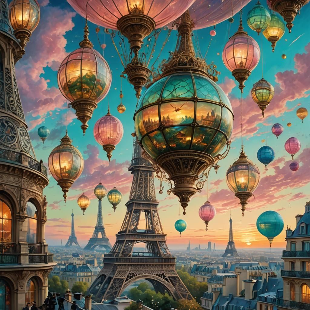 Spaceship Over Eiffel Tower, Art Nouveau Style