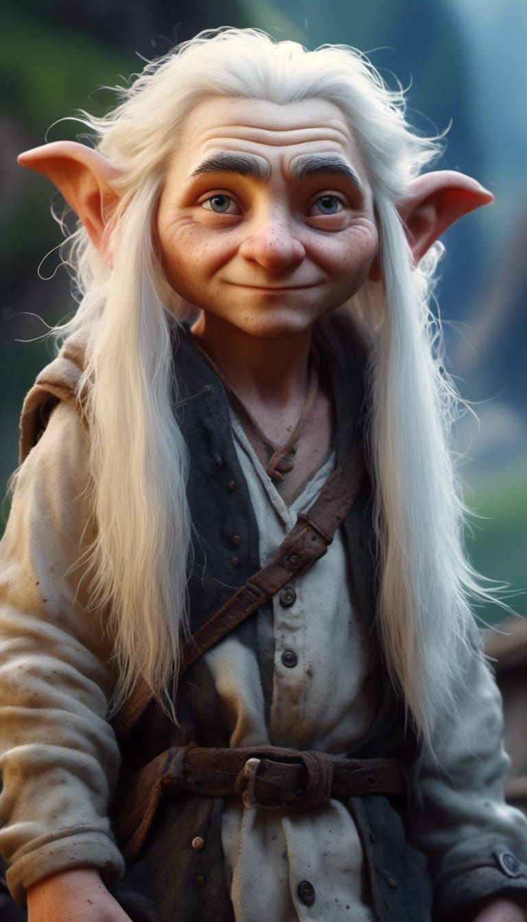 Hyperrealistic Young Gnome Portrait with Village Background