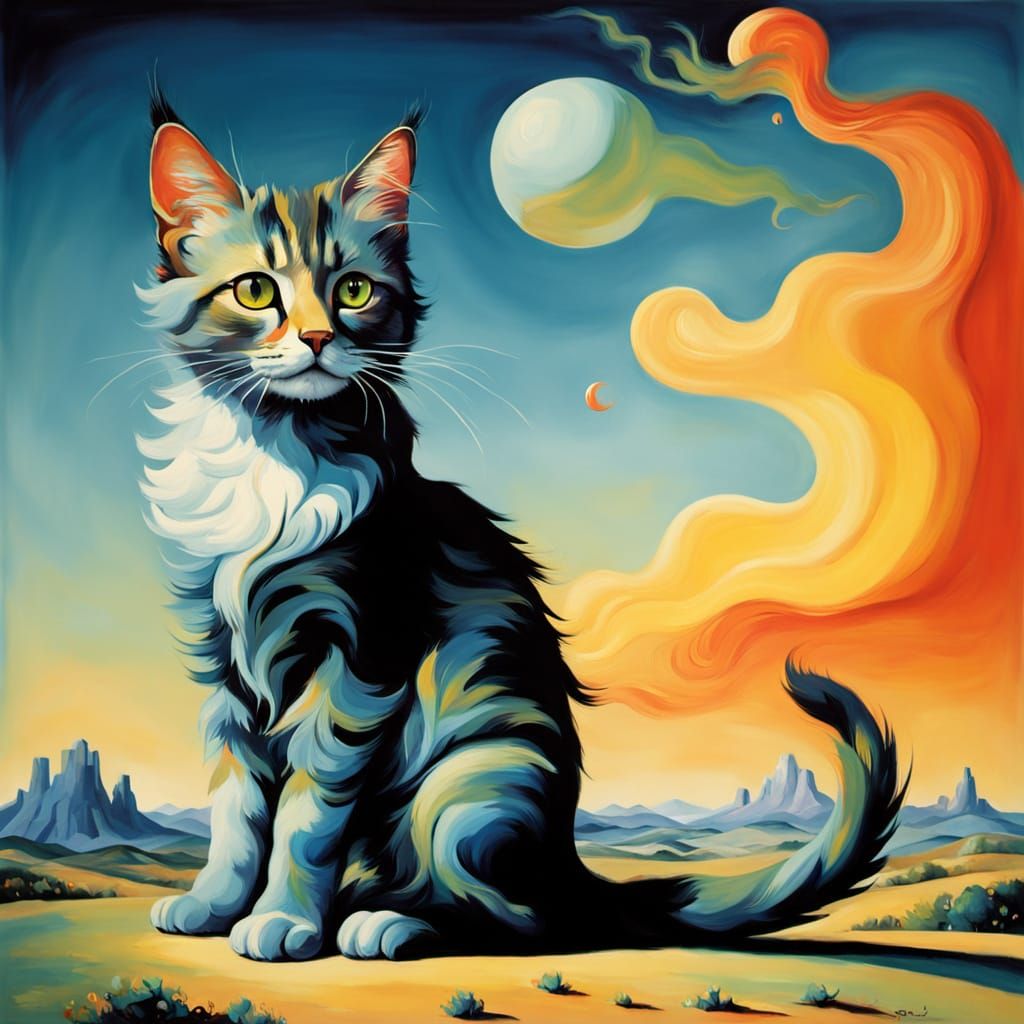Surreal Whimsy: Adorable Kitten in Vibrant Oil Painting