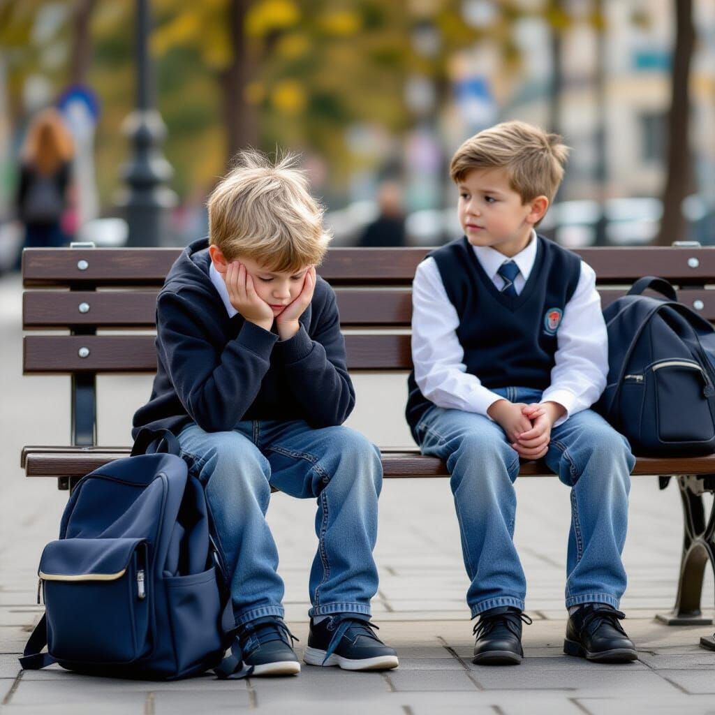 Sad Boy on Bench Comforted by Friend