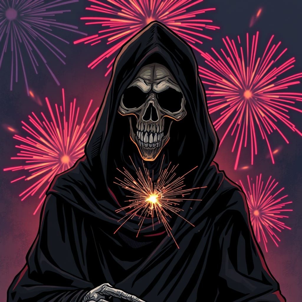 Grim Reaper Bathed in Fireworks Display