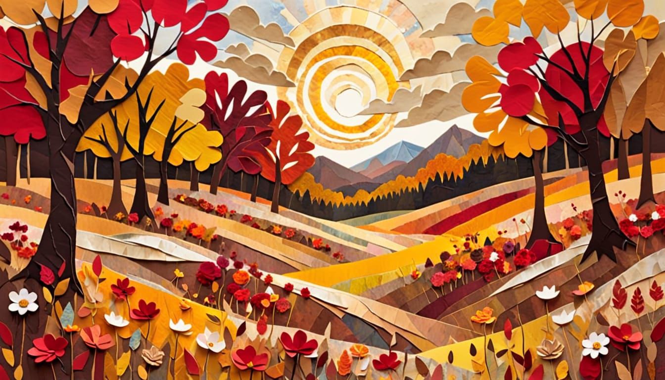 Autumn Meadow Torn Paper Collage Landscape