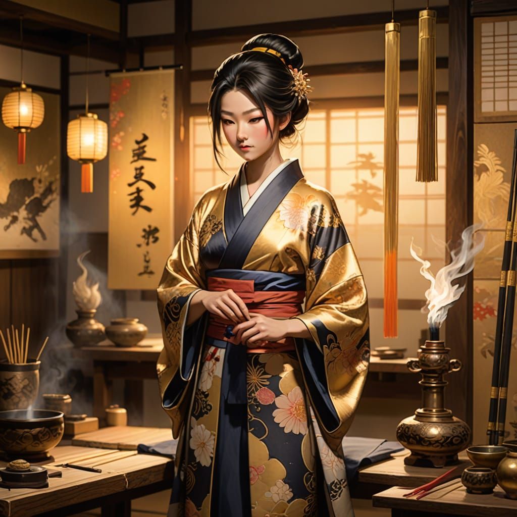 Japanese Workshop Scene in Traditional Ink Painting Style