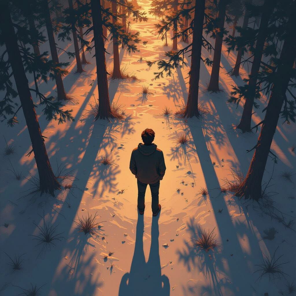 Man in Sparse Forest at Sunset With Multiple Shadows