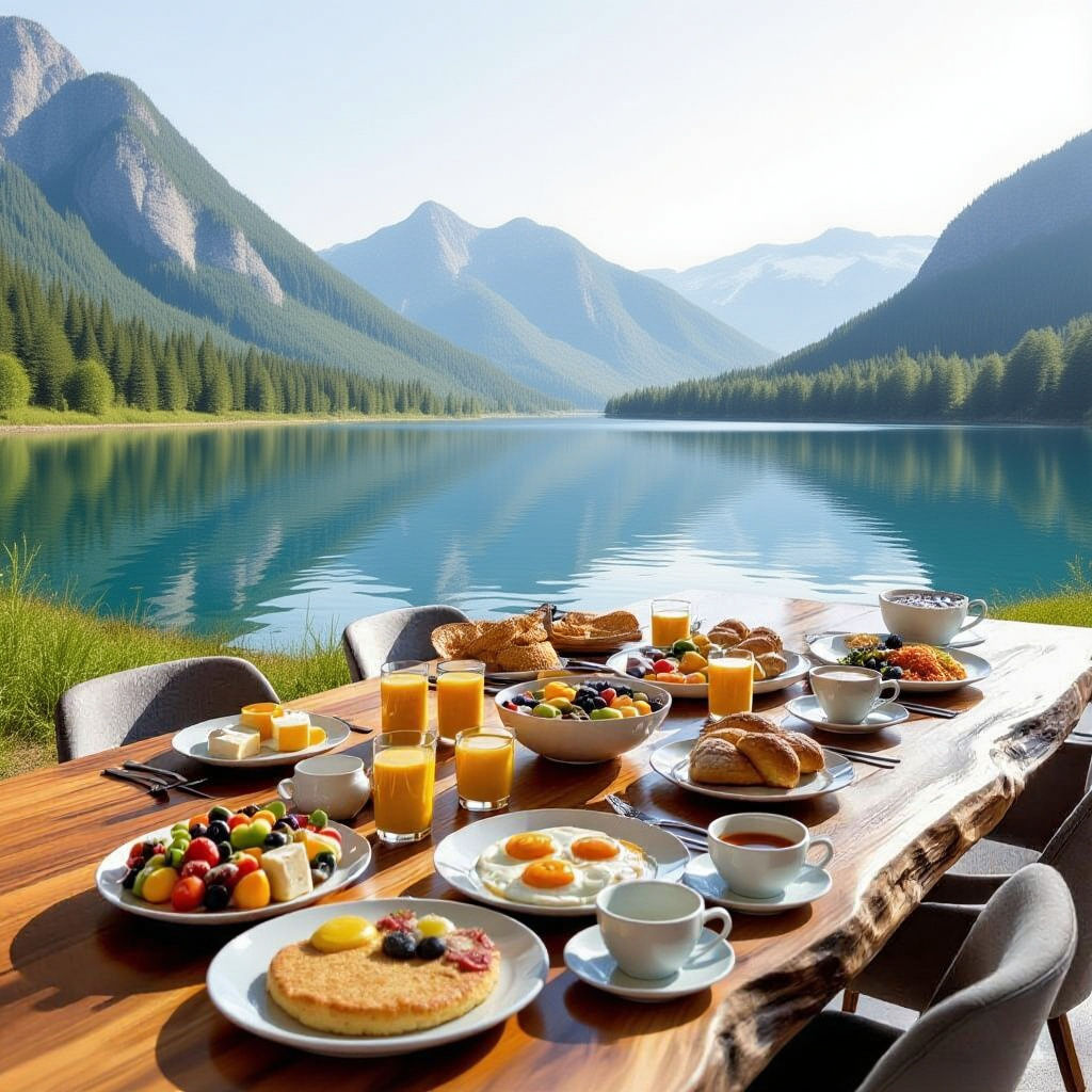 Hyperrealistic Breakfast Table with Lakeside View