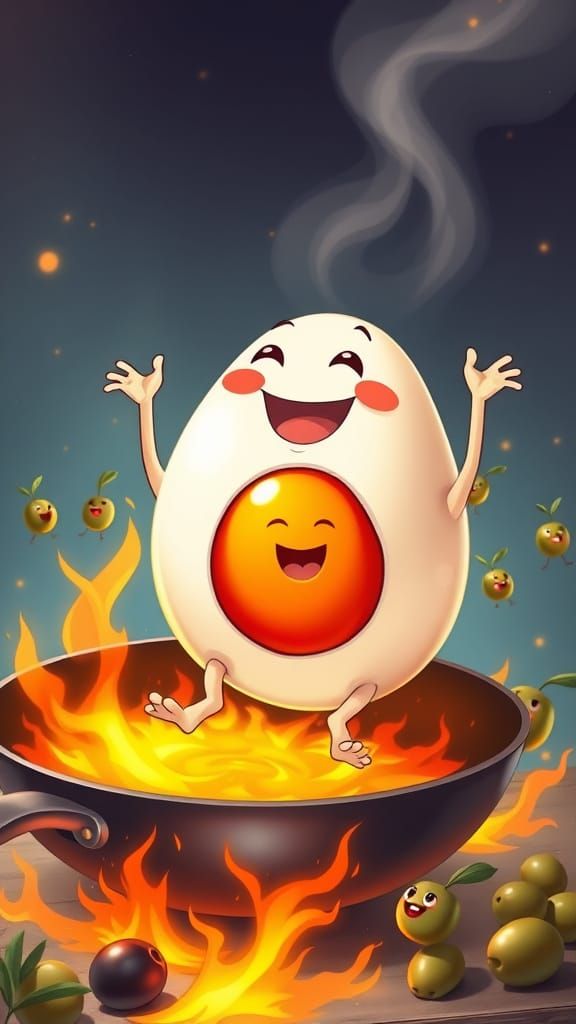 "Na okraji horké pánve sedí Pan Vajíčko – velké vejce s veselou tváří, rukama a nohama. Má mírně překvapený, ale spokoje...