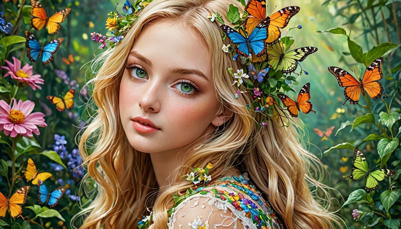 Blonde Teenager Portrait with Butterfly Flowers, Surreal Sty...