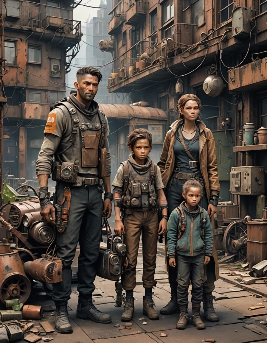 Biopunk Family in Dystopian Slum: Sci-Fi Dieselpunk
