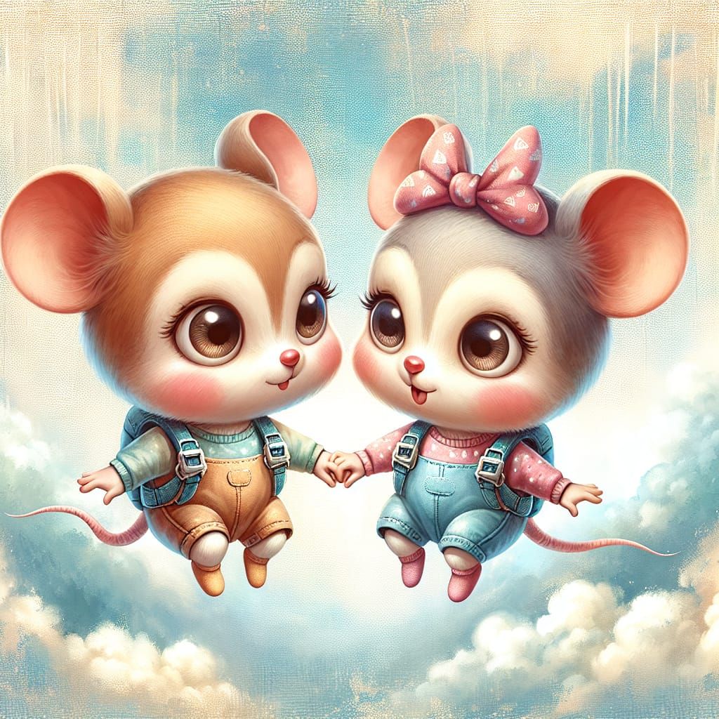 Charming Mice in Love Floating in the Sky