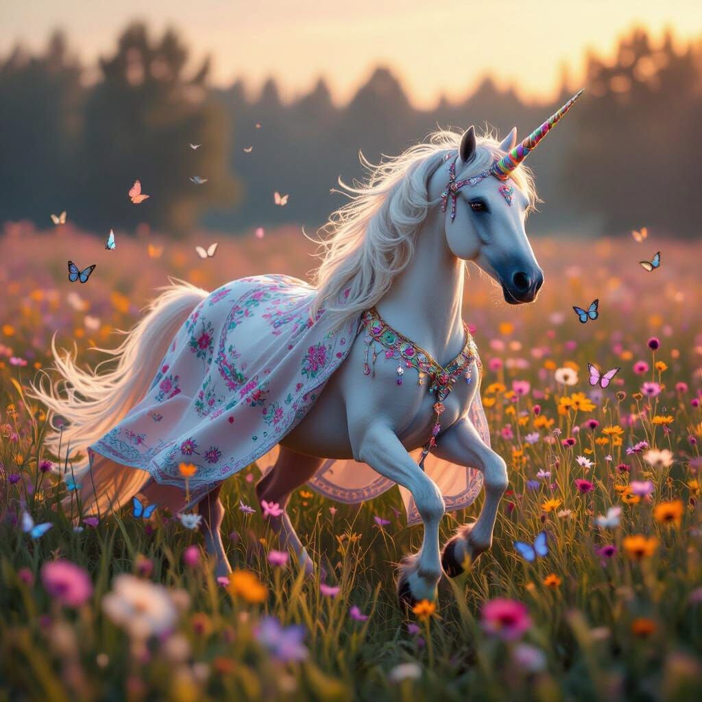 Iridescent Unicorn in Wildflower Meadow, Digital Art