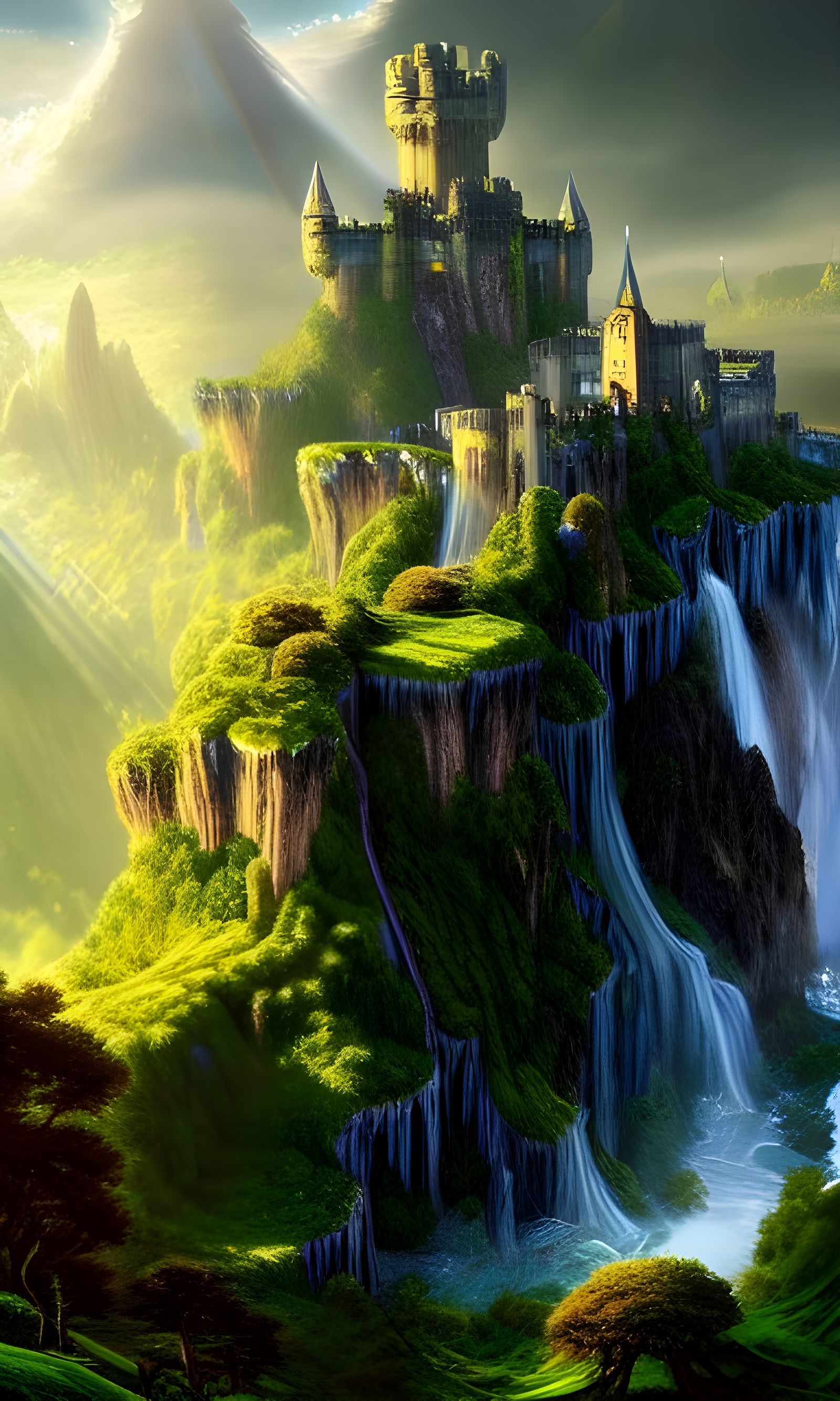 Majestic Castle in Fantasy Landscape with Waterfalls