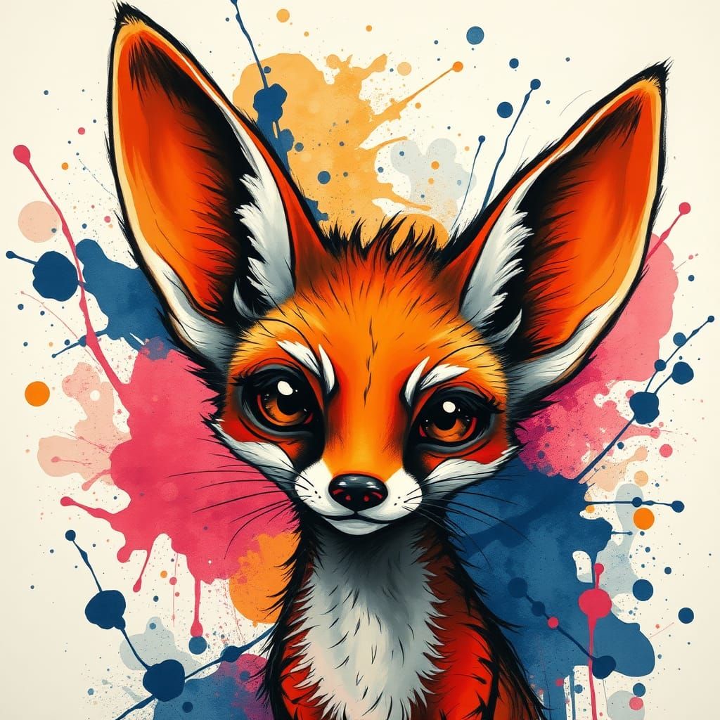 Expressive Fennec Fox with Ink Splatters, Abstract Style