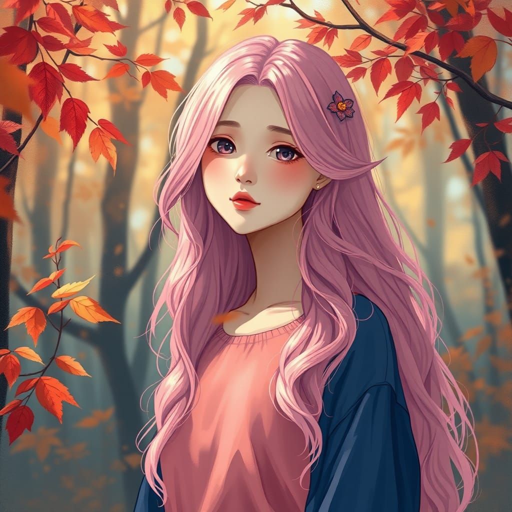 Anime Woman in Autumn Forest Illustration