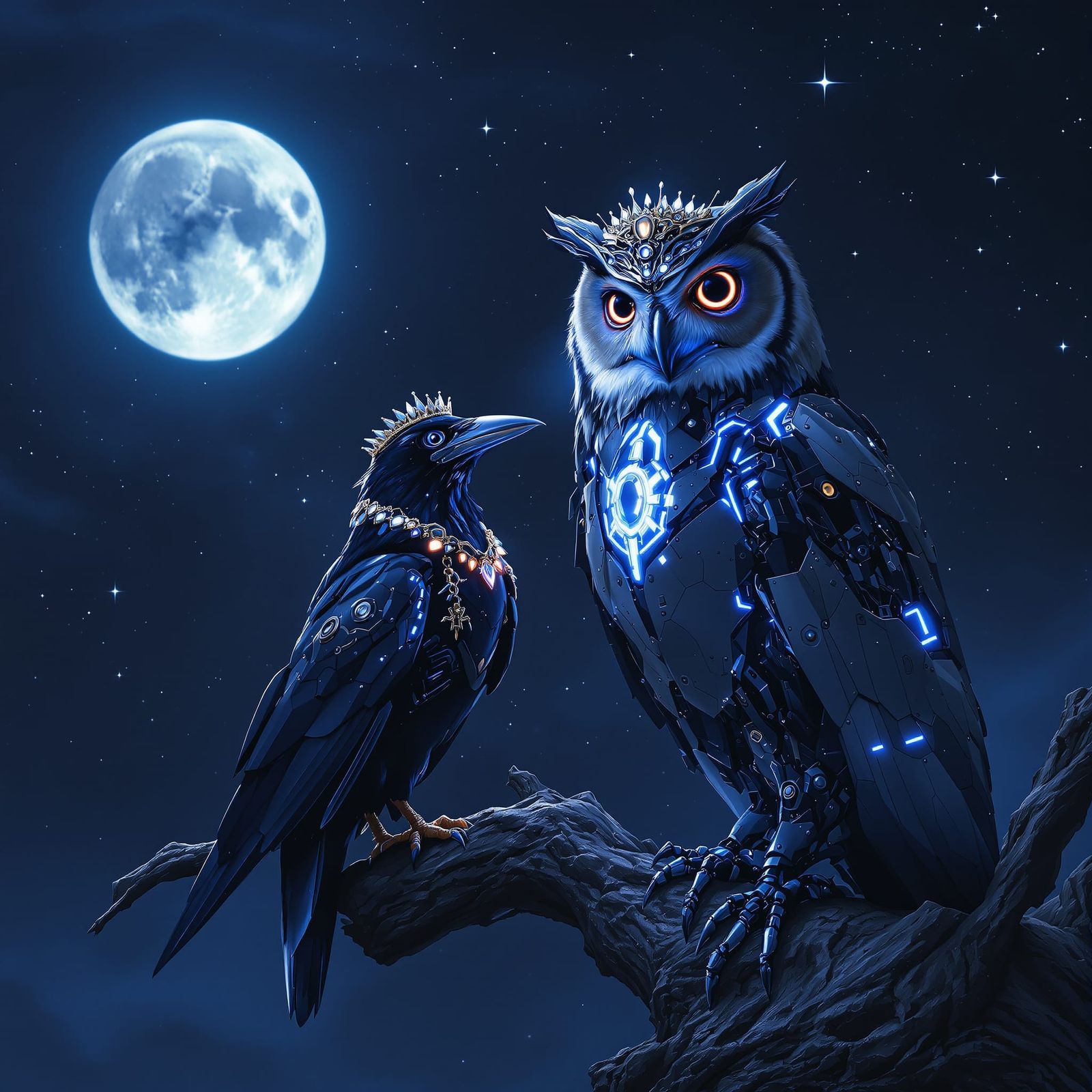 Cybernetic Owl and Raven in Moonlit Fantasy Art