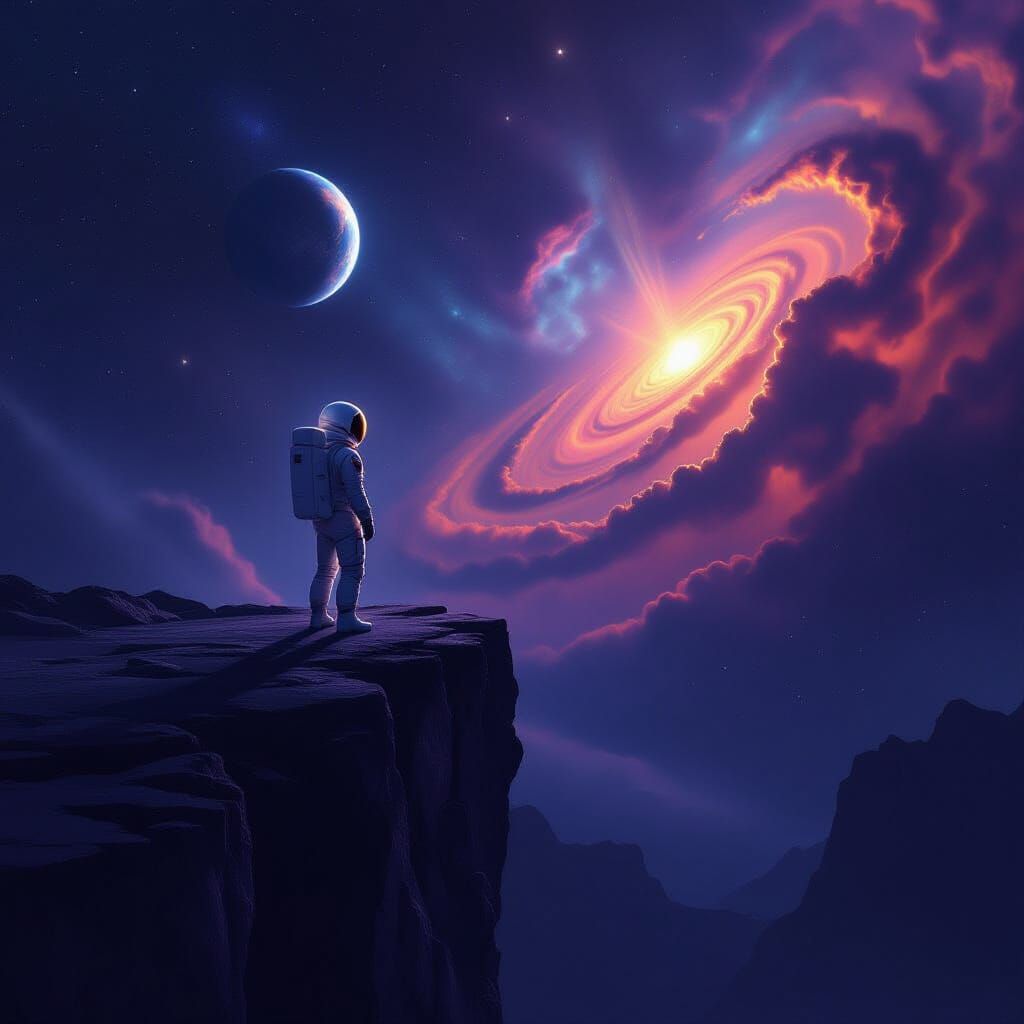 Astronaut Gazes Into Cosmic Nebula From Cliff Edge
