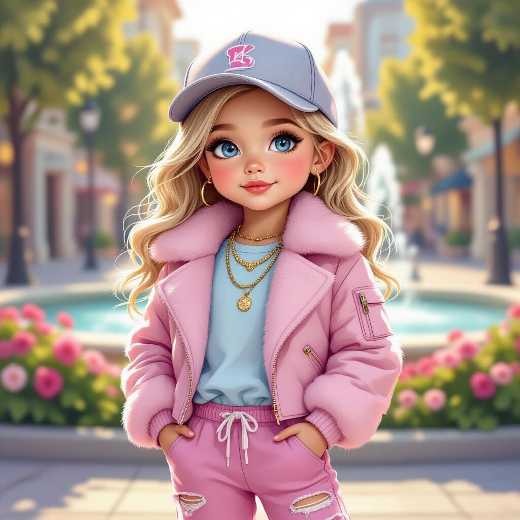 Stylish Toddler Girl in Urban Plaza, Playful Illustration